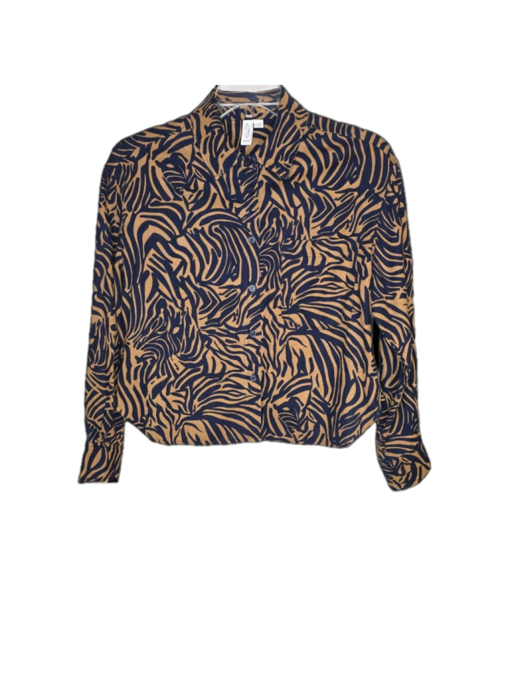 Joie Womens Small Boho Tropical Abstract Print Button Front Blouse Navy Tan
